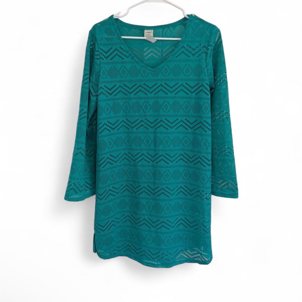 LL Bean Women’s Swim Cover Up Tunic Dress Small Crochet Eyelet Stretch Green